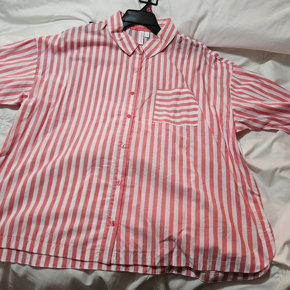 Women’s Striped Button-Front Sleep Shirt - Pink & White